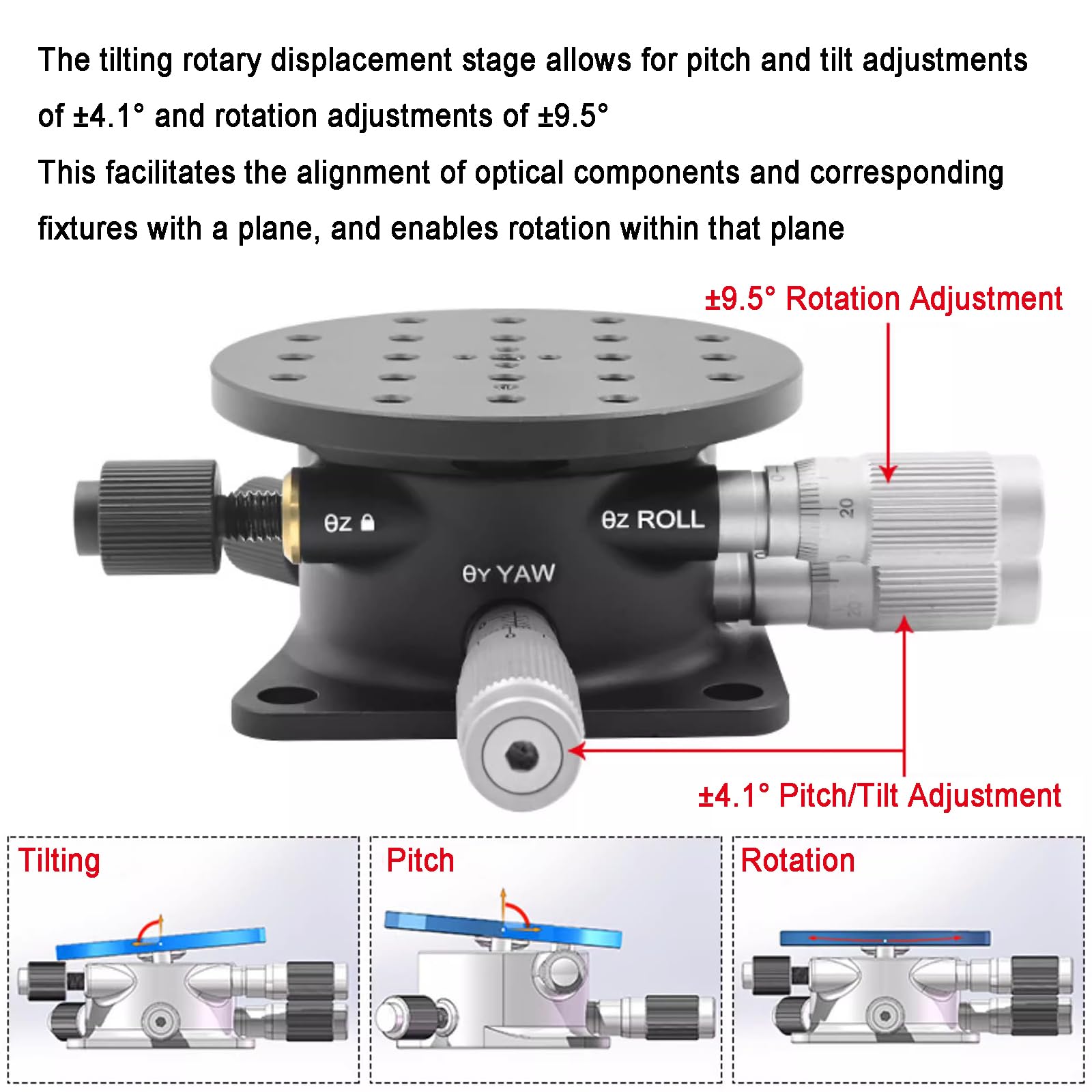 Etapa de desplazamiento manual del eje R con ajuste fino y plataforma de corte micrométrica de aleación de aluminio para maquinaria de producción, paso ± 4,1°, capacidad de carga 1 kg
