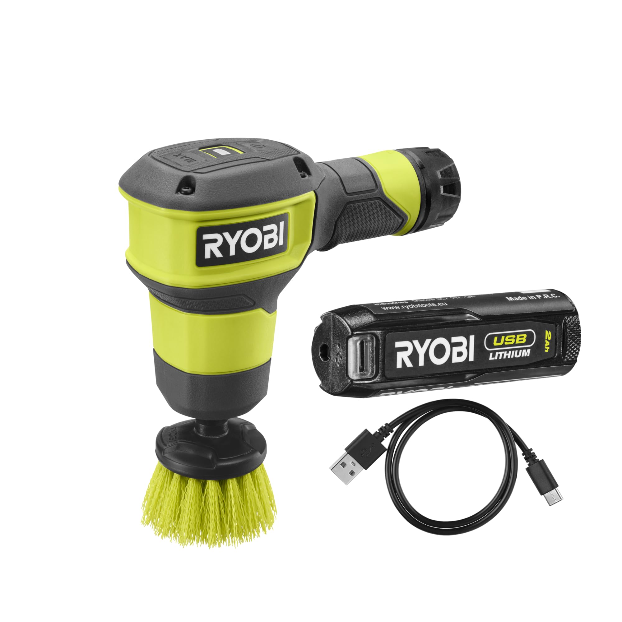 RYOBI - Brosse de Nettoyage - 4V USB Lithium - RSCR4-120G - Nettoyage Joints, Jantes, Salle de Bain, étanche IPX7-1 Batterie 2,0 Ah