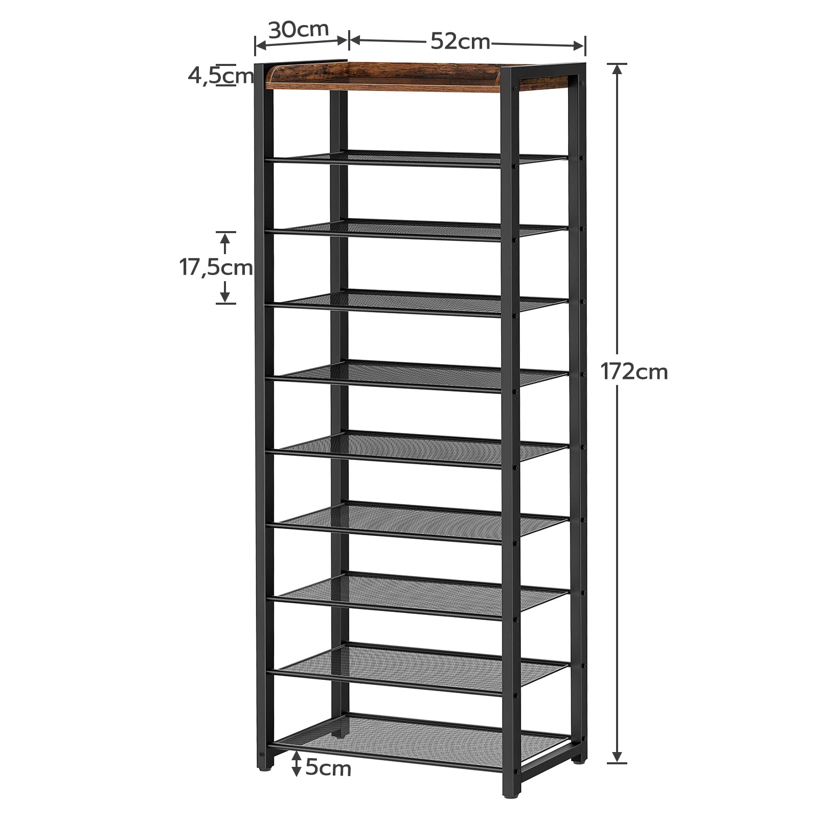 HOOBRO Schuhregal mit 10 Ebenen, Schmale Schuhablage, Schuhschrank, für 18-25 Paar Schuhe, Platzsparend, für Eingang, Flur, Wohnzimmer, Dunkelbraun-Schwarz EBF40XJ01