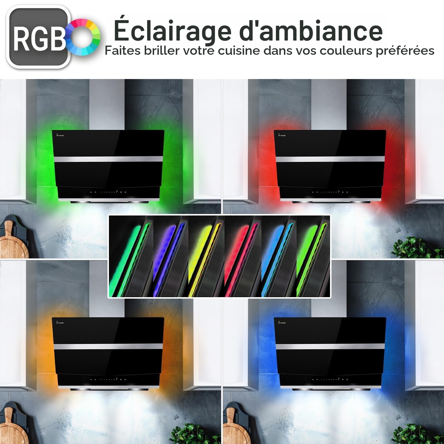 KKT KOLBE | Hotte aspirante cuisine 80 cm | Hotte Murale Inclinées | acier inoxydable | verre noir | WiFi | arrête automatiquement | éclairage LED RVB | Opération tactile | HERMES8005SM