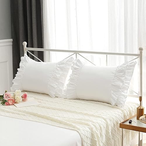 Vista 96 de Fundas de almohada cuadradas blancas con volantes, fundas de almohada europeas, 100% algodón, 18 x 18 pulgadas, 2 unidades Blanco 3