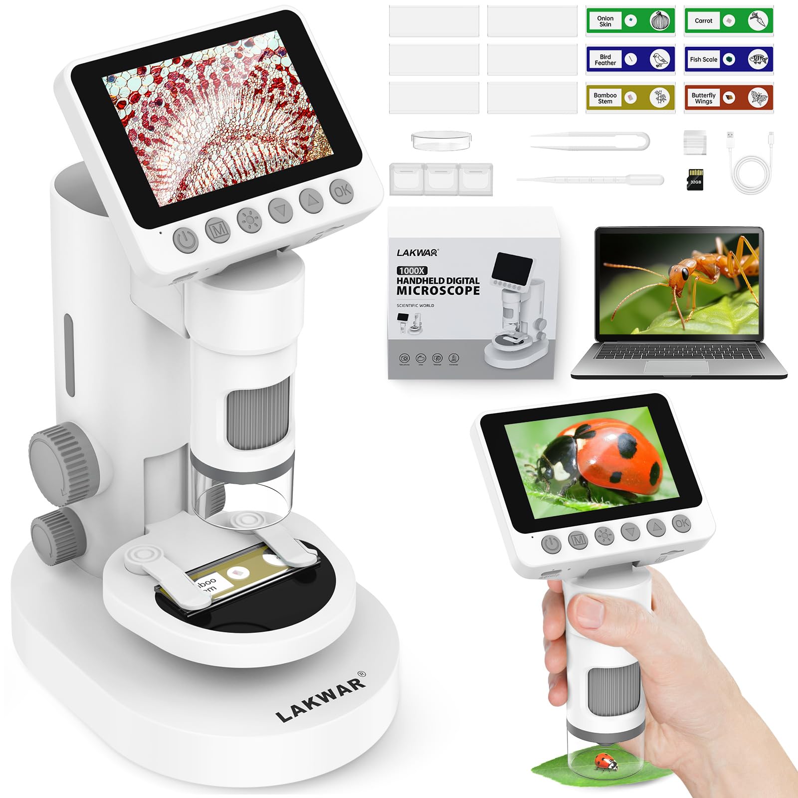 1000X Portable Microscope for Kids with 3.5-inch-Screen: 3-in-1 Digital Handheld Microscope for Kids Home School Biology Science Education