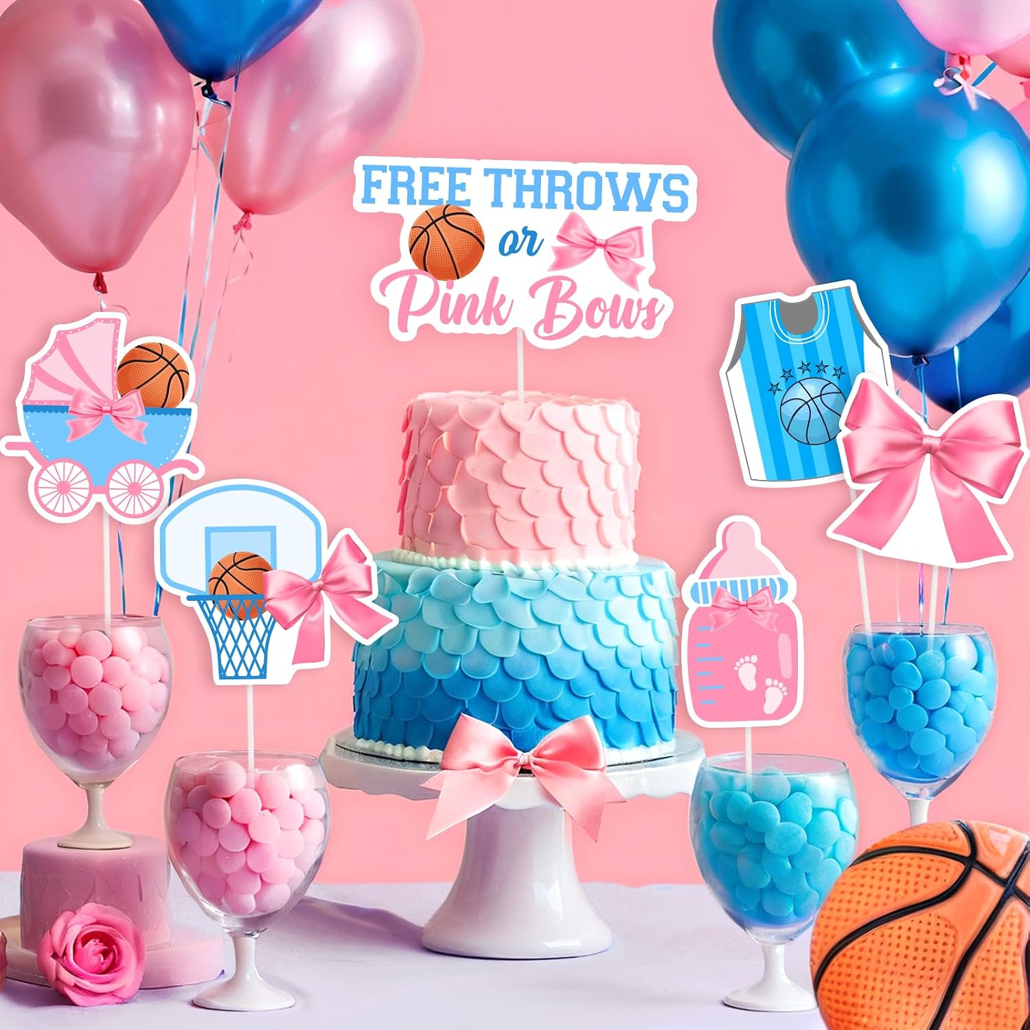 24 Pieces Free Throws or Pink Bows Gender Reveal Centerpiece Sticks - Pink and Blue Basketball or Bows Gender Reveal Decorations, Baby Shower Supplies for Pregnancy Sports Themed Party