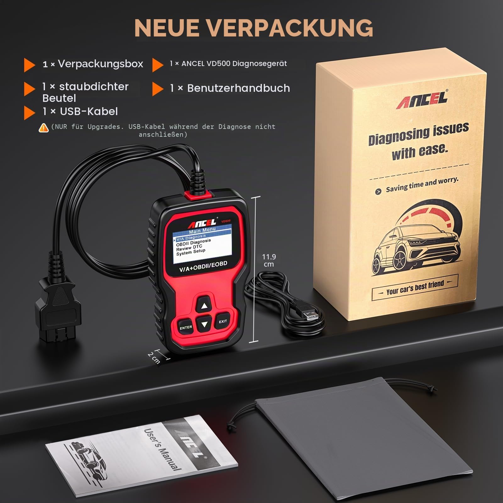 ANCEL VD500 OBD2 Diagnosegerät für VW/für Audi/für Skoda/für Seat, Fehlercodes Auslesen und Löschen Motor EPB ABS SRS OBD Öl TPS Zurücksetzen Reset Tool in Deutsch
