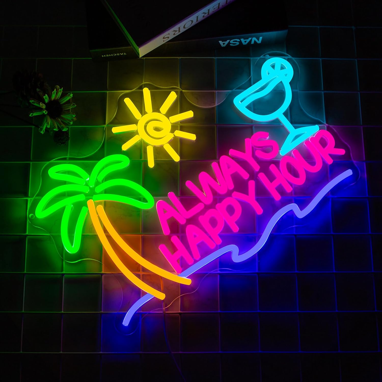 Always Happy Hour Neon Sign, Dimmables Beach Neon Signs for Wall Decor, Palm Tree Led Light Up Signs for Bedroom Bar Club Pub Man Cave Restaurant Party Decorations