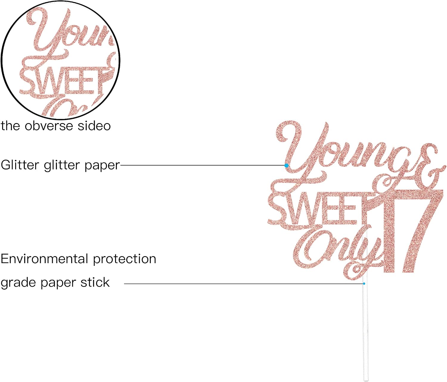 Glitter Young and Sweet Only 17 Cake Topper,Happy 17th Birthday Party Decoration,Girls 17th Birthday Party Decoration Supplies Rose Gold image 3