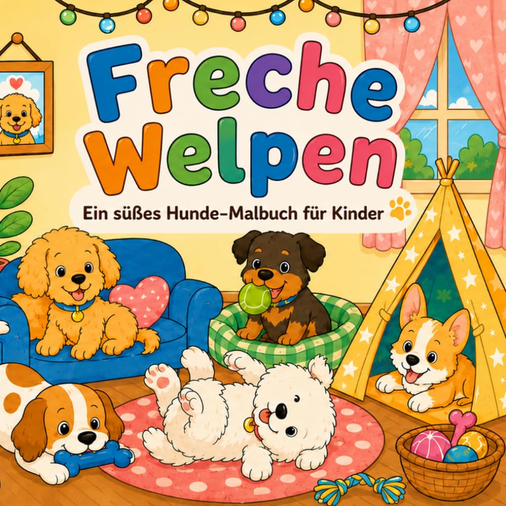 Freche Welpen: Ein süßes Hunde-Malbuch für Kinder mit niedlichen Welpen, verspielten Hundeszenen, gemütlichen Momenten, einfachen Motiven und einseitig bedruckten Ausmalbildern
