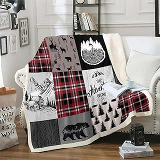Toddler Rustic Cabin Sherpa Blanket, Farmhouse Deer Bear Fleece Blanket Twin Size Country Lodge Camping Throw Blanket Hunting Wild Animal Retro Buffalo Plush Bed Blanket For Kids Boys Teenage, Brown