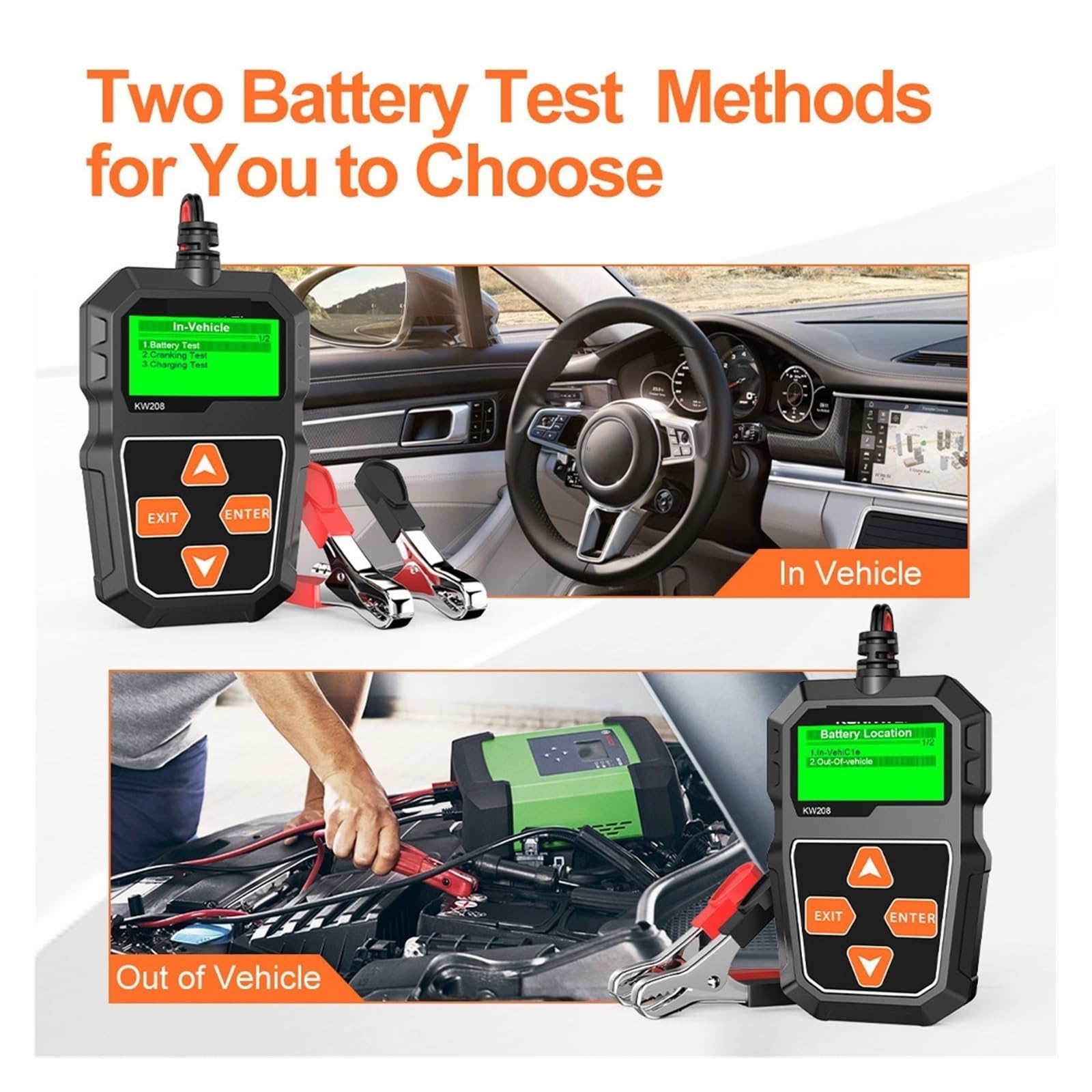 Testeur de batterie, Testeur de batterie voiture KW208 Analyseur moto 100-2000 CCA Test du système démarrage charge puissance