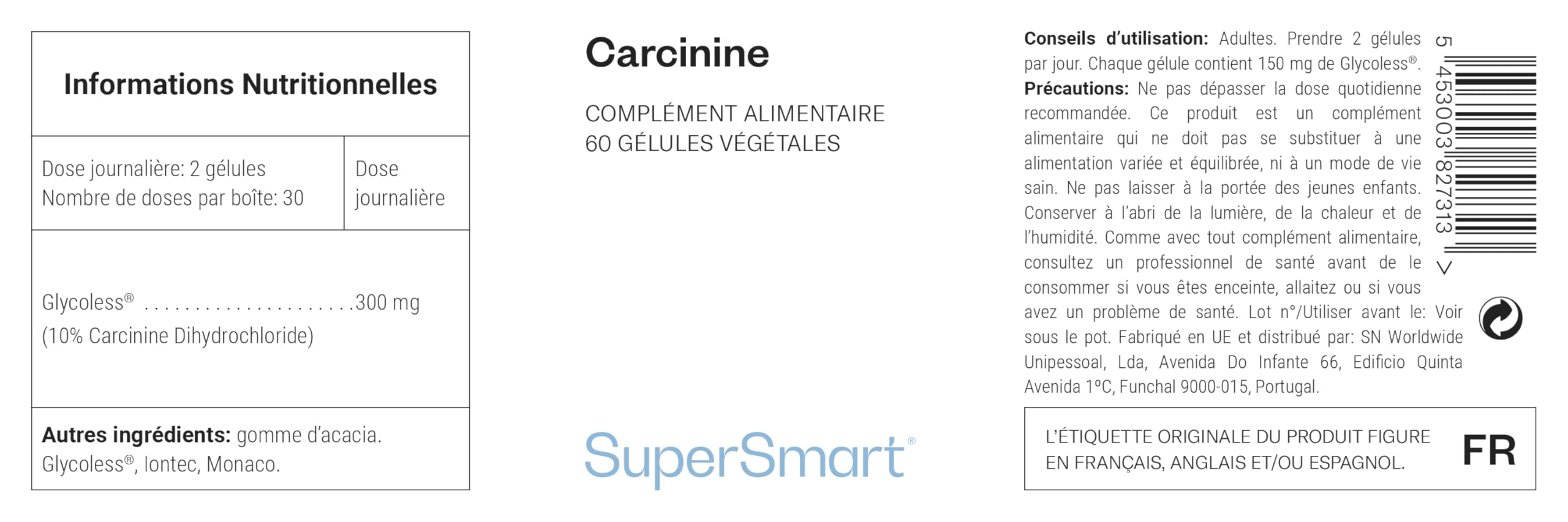 Carcinine - Aide à Maintenir une Peau Souple et Ferme - Contribue à Lutter contre le Glycation - Formule Brevetée Glycoless® - Anti-Âge - Vegan - Sans Gluten - Supersmart