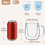 12OZ Glass Coffee Mug Set of 4 - Double Walled Mugs with Large Handle Iced/Hot Insulated Glasses Cup for Espresso Latte Cappuccino Americano Tea Dishwas Dishwasher Safe