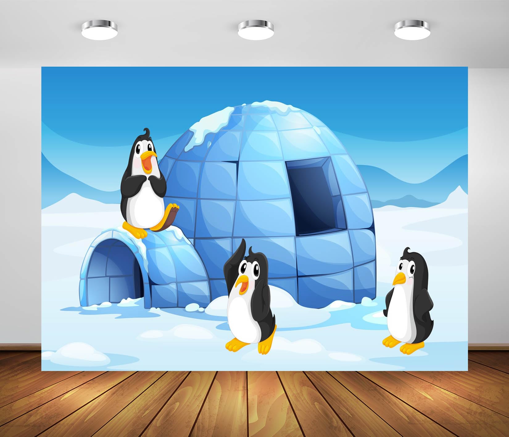 BELECO 7x5ft Fabric Cartoon Penguins Backdrop Arctic Penguins Around Igloo Polar Winter Scene Background for Photography Christmas Arctic Travel
