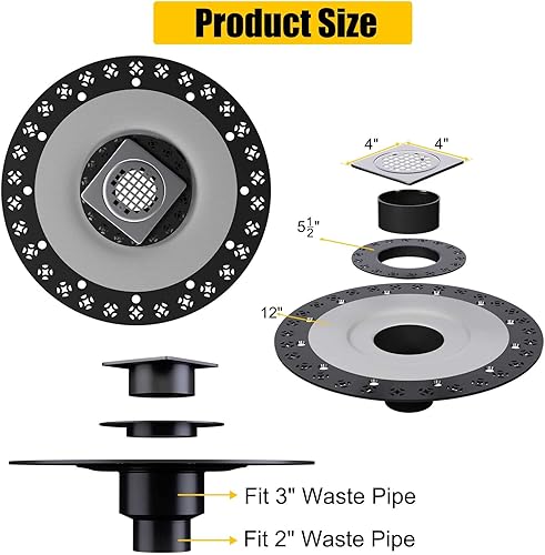 Miniatura 4 de Fibetter Kit de drenaje de ducha de 4 pulgadas de rejilla de acero inoxidable con brida vertical ABS de 2 pulgadas para drenaje Kerdi de Schluter