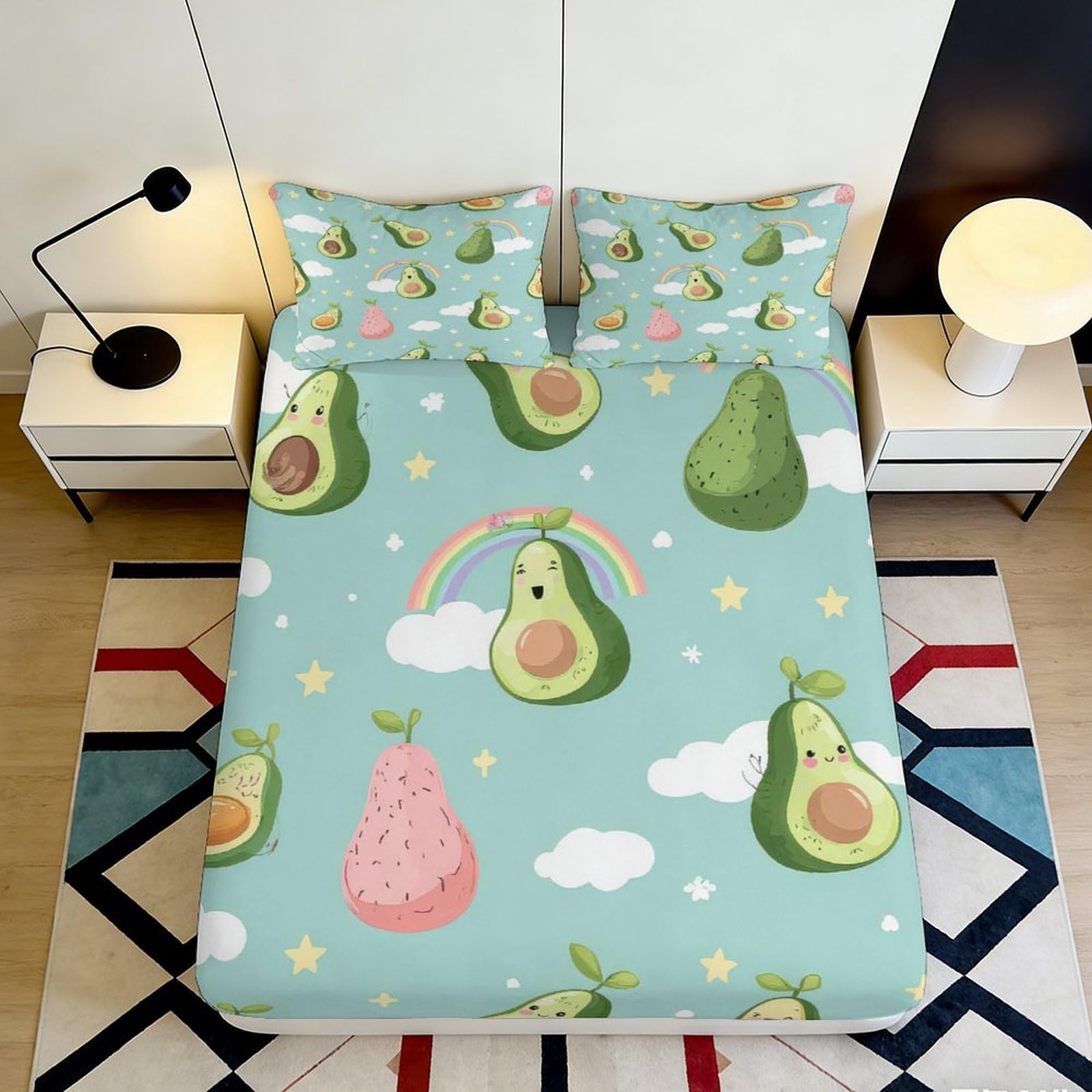 3D Printed Avocado Cartoon Fitted Sheet Microfiber Soft Pastel Fruit Bed Sheet for Bedroom Dorm Mattress Protection Decor 120x200x25cm