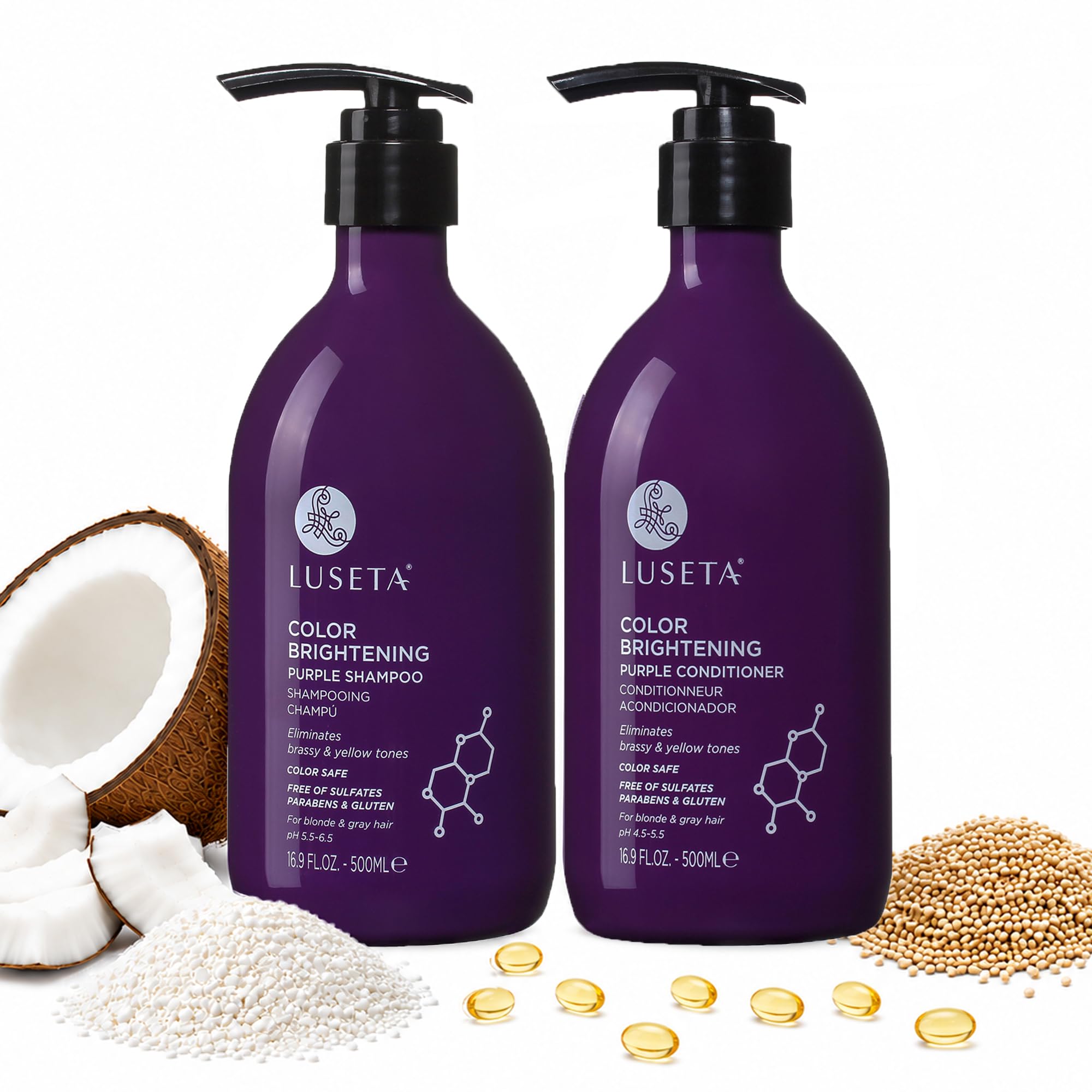 Luseta Purple Shampoo and Conditioner Set for Blonde, Gray - Color Treated Hair - Sulfate Free Paraben Free - Infused with Cocos Nucifera Oil for Curly and Damaged Hair - 2x16.9oz