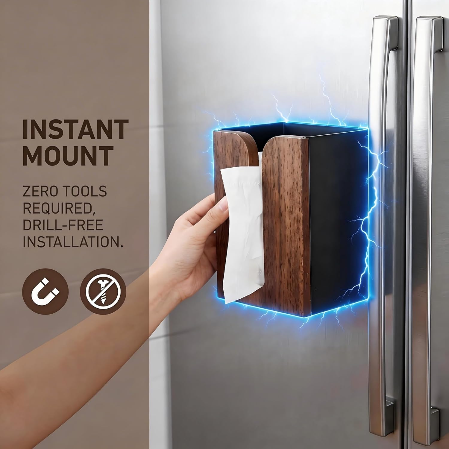 Magnetic Tissue Holder for Refrigerator: Sliding Solid Walnut Wood Napkin Container, Iron Dryer Sheet Dispenser, Adhesive Toilet Paper Roll Box Under Cabinet, Trash Bag & Glove Kitchen Storage (Black)