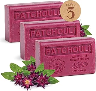 Savon Solide parfumé au Patchouli – Enrichi en Beurre de Karité Bio – Savon Parfumé - 97% d'ingrédients naturels – Fabriqué en Provence – Main & Corps Hydratant – 3x125g