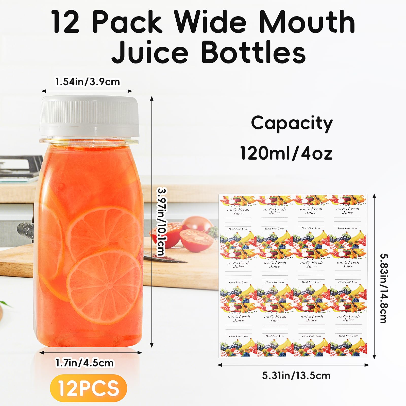 winbest 12 botellas de plástico para jugo con tapas 120 ml Mini Botella de Bebida Vacía Botellas botellas de jugo reutilizables para leche, jugos, batidos, bebidas