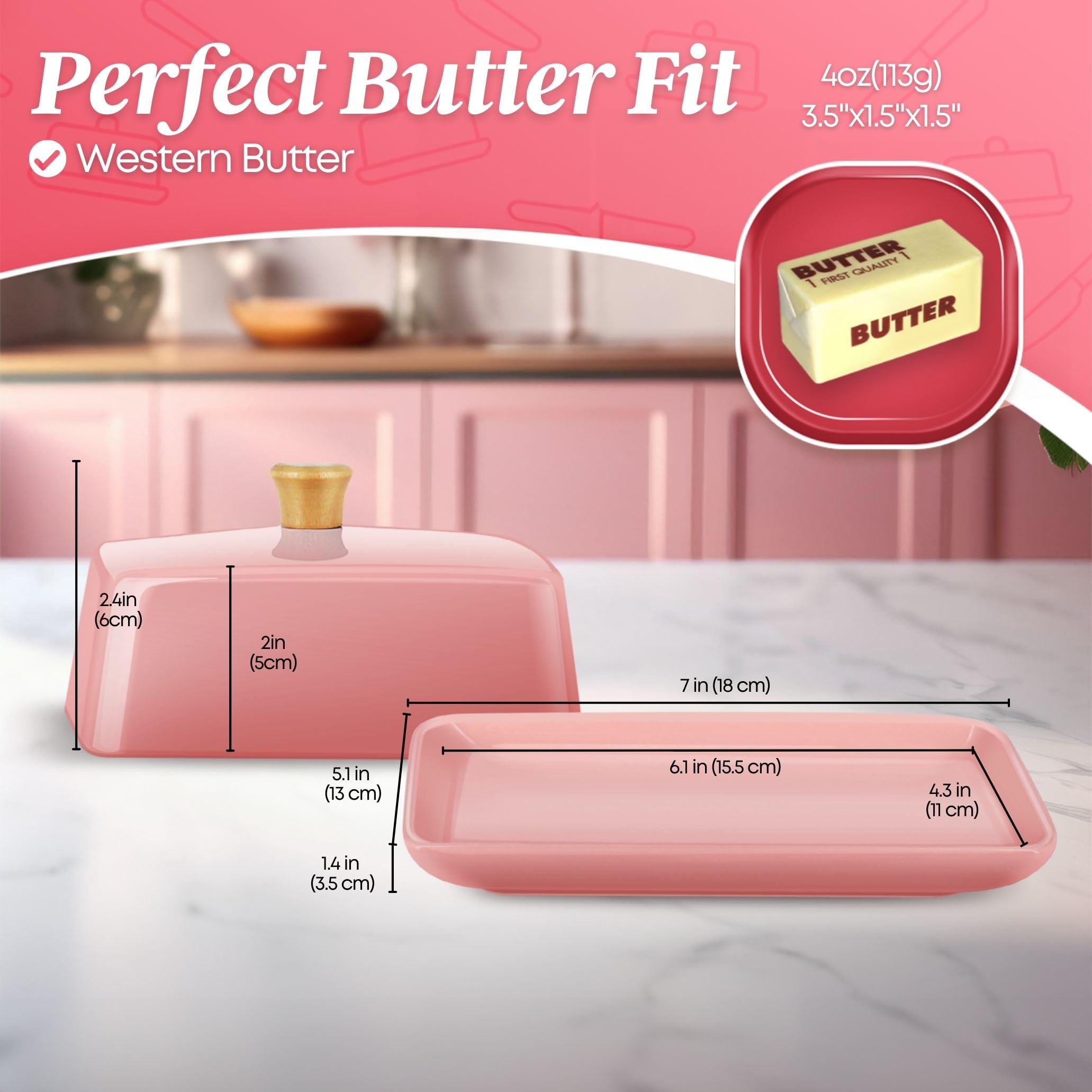 Flexzion Beurrier Européen Rose en Céramique avec Couvercle pour Plan de Travail (18 cm) - Boîte Large Double Pour 2 Bâtonnets de Beurre, Conteneur de Fromage à la Crème