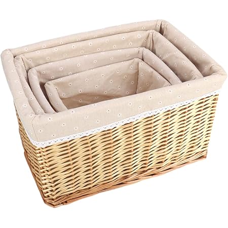 Amazon Awagas 収納バスケット 収納かご 4個セット ウィローバスケット 籐バスケット収納 カゴ 深型 小物入れ おもちゃ収納 天然素材 かご 四角 手編み 小物収納 取り外しができる 布付 雑貨収納 内布付 レース付 柳収納バスケット セット 装飾ホーム かご バスケット