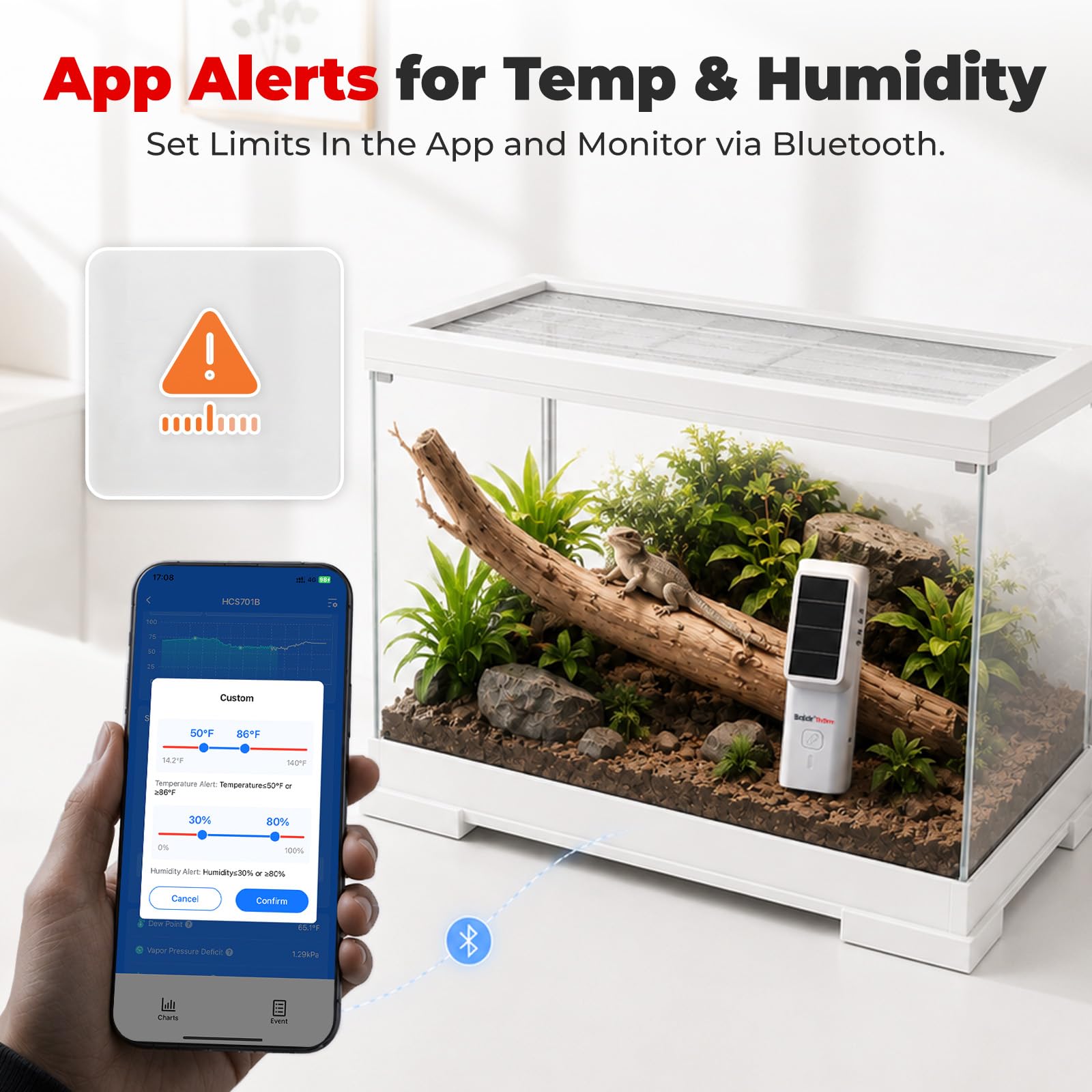 BaldrTherm Thermomètre solaire Bluetooth et moniteur d'humidité, thermomètre sans fil avec stockage de la date, alertes en temps réel, portée de connexion de 80 m, pour serre de chambre, cages pour