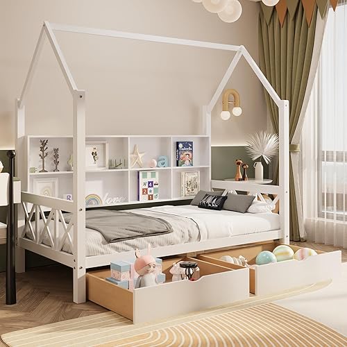 Miniatura 8 de HUMEHA Cama individual para niños, cama de plataforma con 2 cajones, marco de cama Montessori con barandillas y listones de madera, cama de