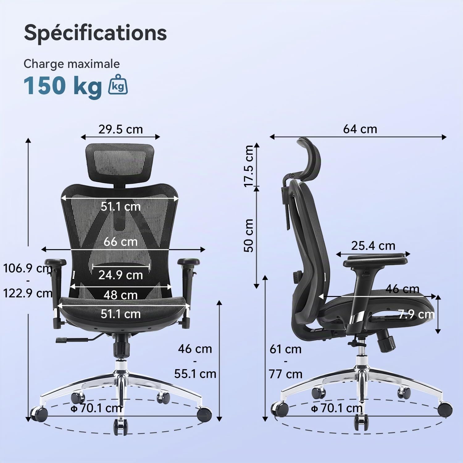 SIHOO Chaise de Bureau Ergonomique pour Ordinateur avec appuie-tête réglable, Dossier et accoudoirs en Maille Noir Mesh Chiar