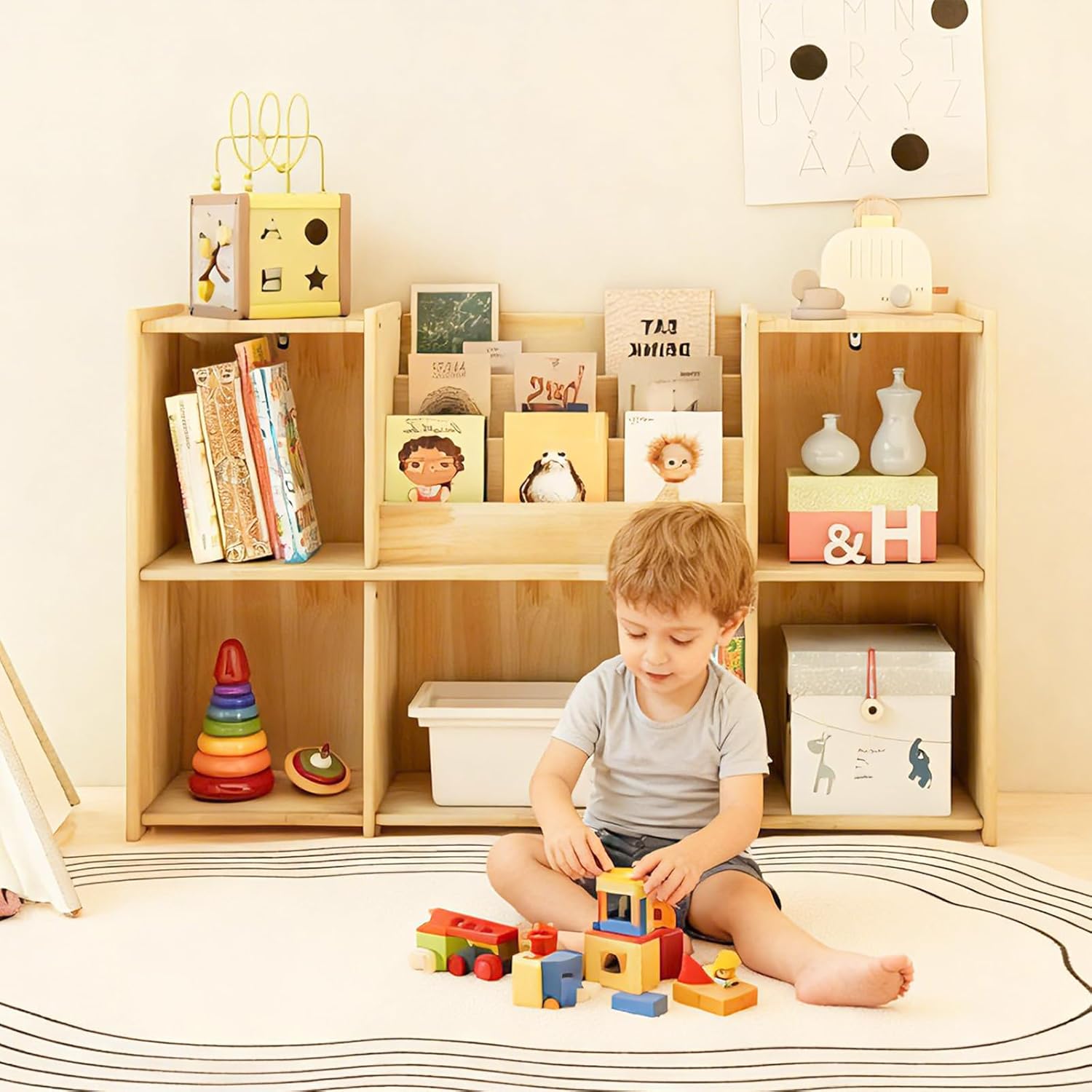 Kids Bookshelf, Wooden Montessori Bookshelf, 2-Tier Toy Storage Organizer, Suitable for Children's Classrooms, Family Playrooms, and Kindergartens