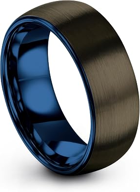 P. Manoukian Tungsten Carbide Wedding Band Ring 8mm 6mm for Men Women Blue Black Gunmetal Interior with Dome Brushed Polished Personalized Custom Engraving Anniversary Engagement