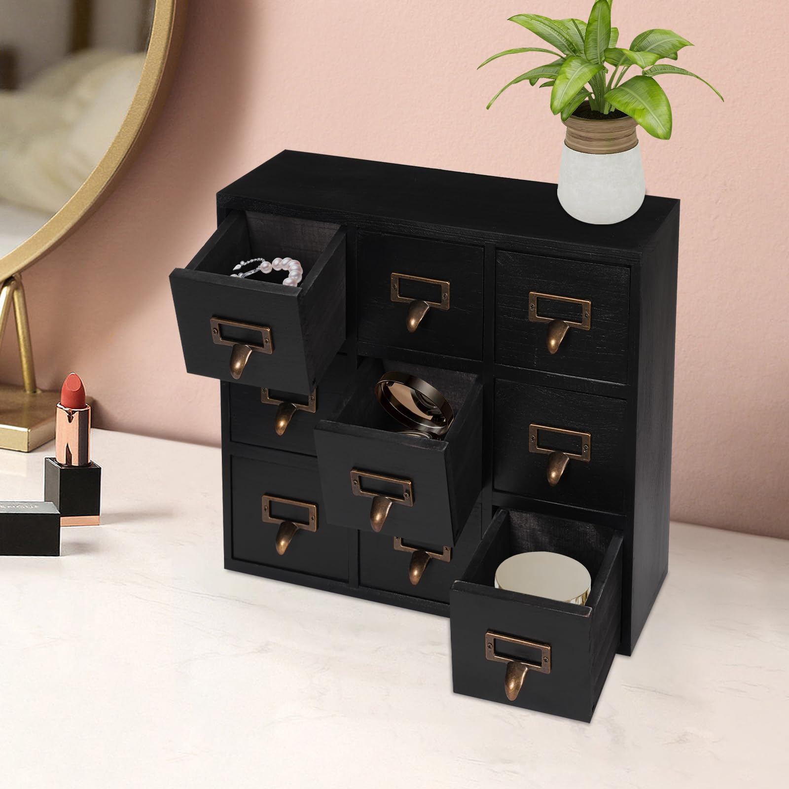 Wooden Small Storage Cabinet Chest Card Catalog Cabinet Office Desk Organizer with Drawers for Storing Medicine Tea Jewelry Stationery Collection (Black, 9 Drawers)