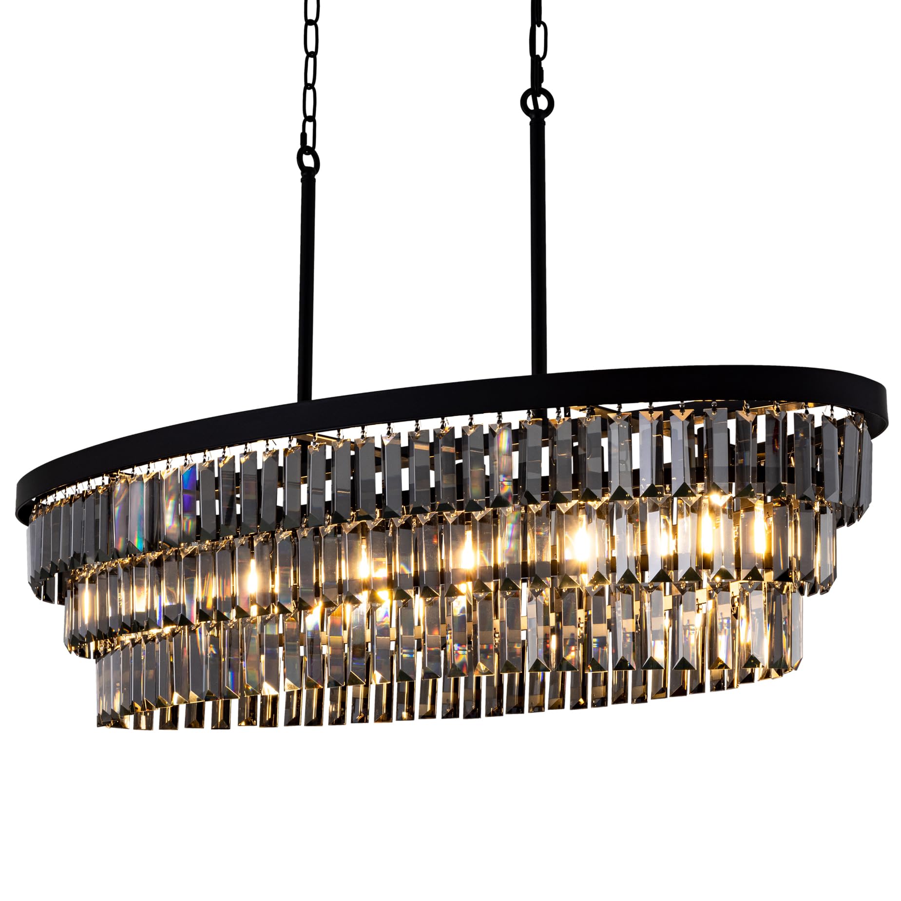 TOCHIC Chandelier 40 inch, Modern Farmhouse Black Smoke Grey Crystal Chandelier Kitchen Island Lighting Dining Living Room Light Fixture Oval Chandeliers for High Ceiling, Bedroom, Bar
