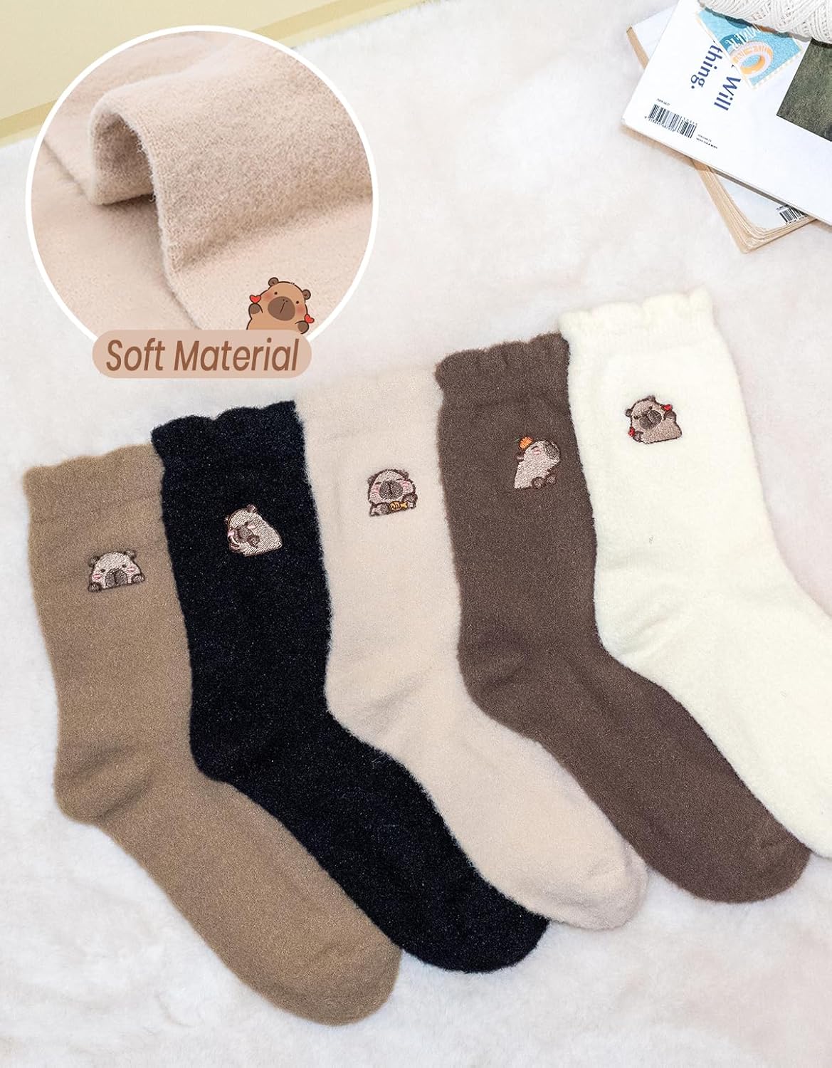 5 Pairs Capybara Fuzzy Socks,Funny Capybara Gifts,Cute Socks for Women Teens,Soft and Cozy - Image 4