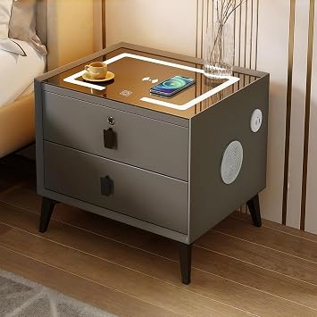 Smart Nightstand with Charging Station, Adjustable LED, Bluetooth Speaker, USB Ports, Fingerprint Lock, Bed Side Tables Bedroom Nightstand with Drawers for Bedroom Dark Grey, 2-Drawer