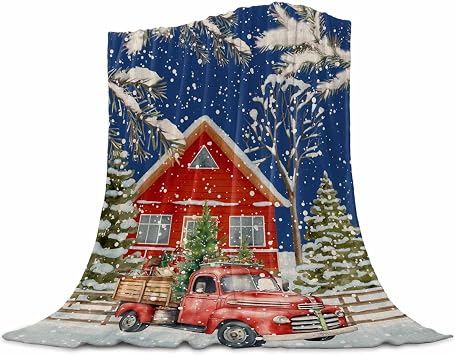 Flannel Fleece Blankets Christmas Tree Red Farm Truck Soft Cozy Warm Fuzzy Throw Blanket Farmhouse Winter Snow All Seasons Use Plush Lightweight Throws for Sofa Couch Bed Travel,30x40in