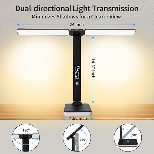 Miniatura 4 de LED Desk Lamp with Charger, USB Charging Port, Dual Swing Arm Desk Light with 5 Brightness, 3 Colors, Table Lamp with Clock, Alarm, Date,