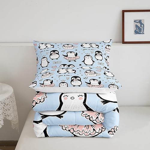 Miniatura 5 de Manfei Juego de edredón de pingüinos de dibujos animados para niños, tamaño King, bonito juego de ropa de cama de animales árticos, decoración de