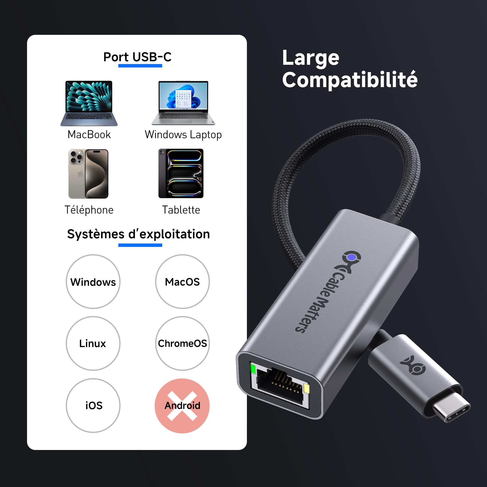 Cable Matters 5Gbit/s Adaptateur USB-C Ethernet 5GbE, Vitesse Réseau 5G | Compatible avec USB4,Thunderbolt 4/5, Plug et Play pour MacBook, ordinateur portable et USBC-appareils