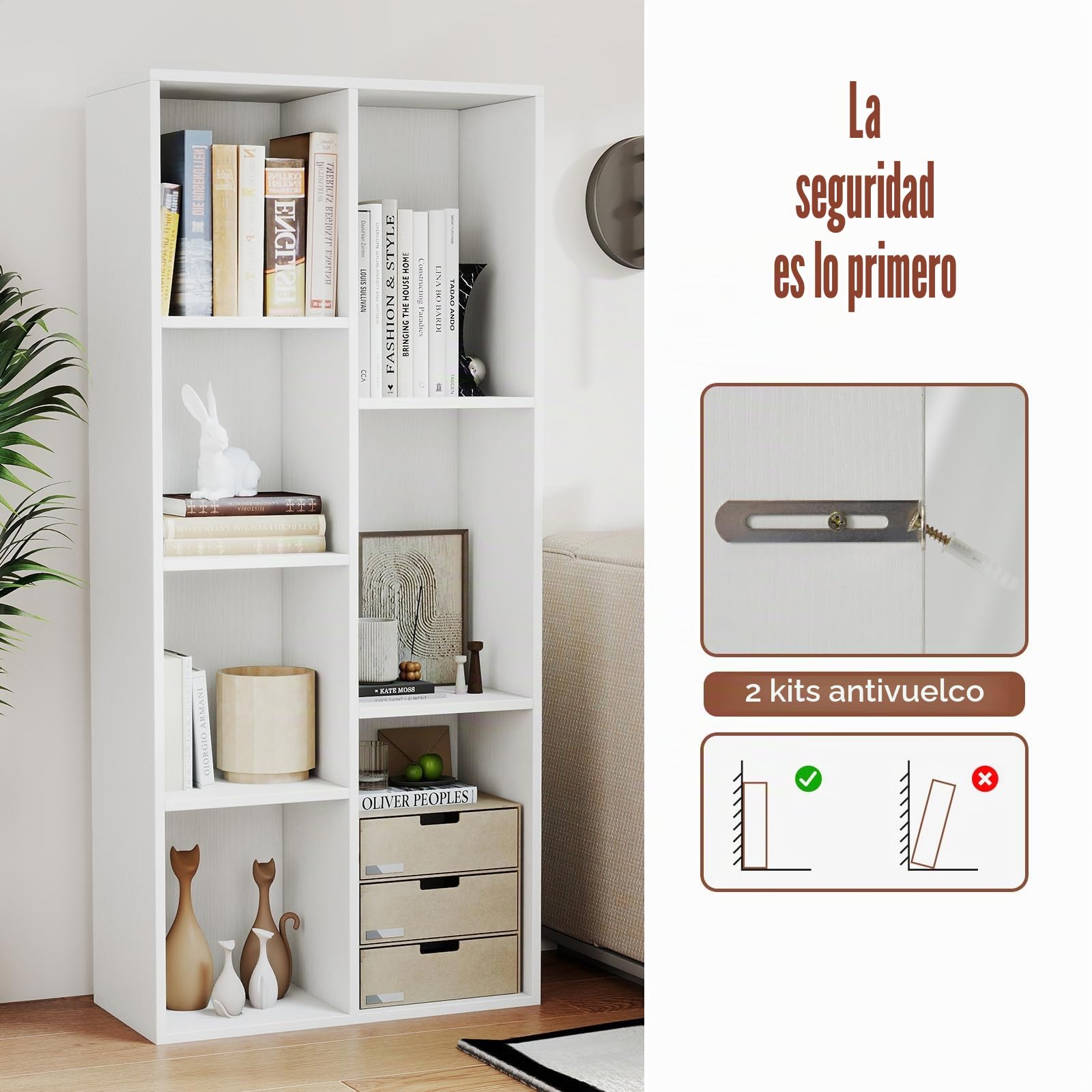 KOMFOTTEU Librería Abierta con 7 Cubos, Estantería para Libros Vertical y Horizontal, Mueble de Almacenamiento de Madera con 2 Kits Antideslizantes, para Salón Oficina, 49,5 x 23 x 106 cm (Blanco)