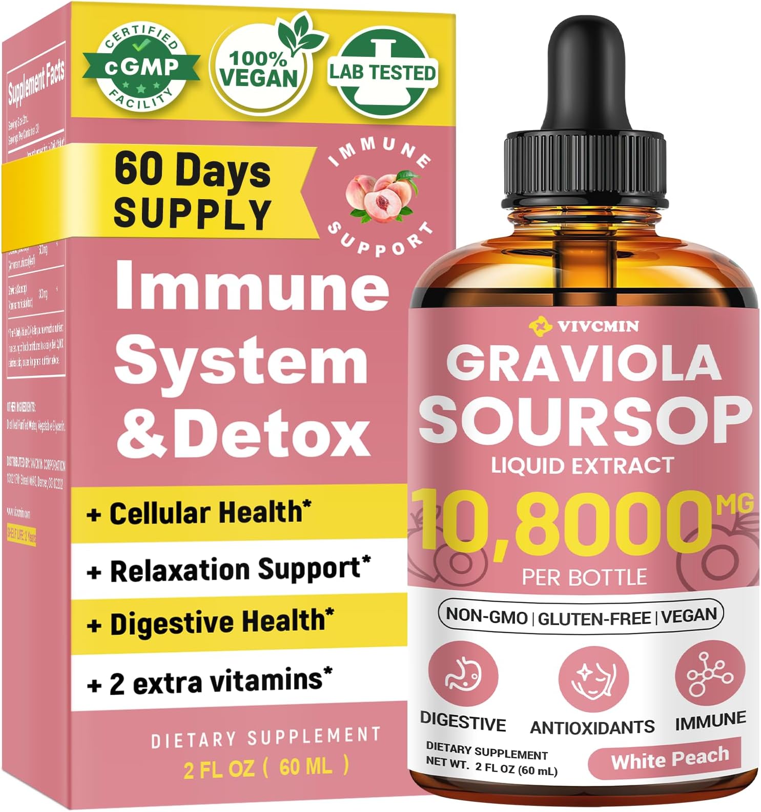 Graviola Soursop Leaf Extract Liquid - Soursop Bitters Liquid, Support Immune, Relax, Liver and Sleep, Sugar & Alcohol-Free, Highly Absorbable Formula, White Peach Flavor, 2 Fl Oz