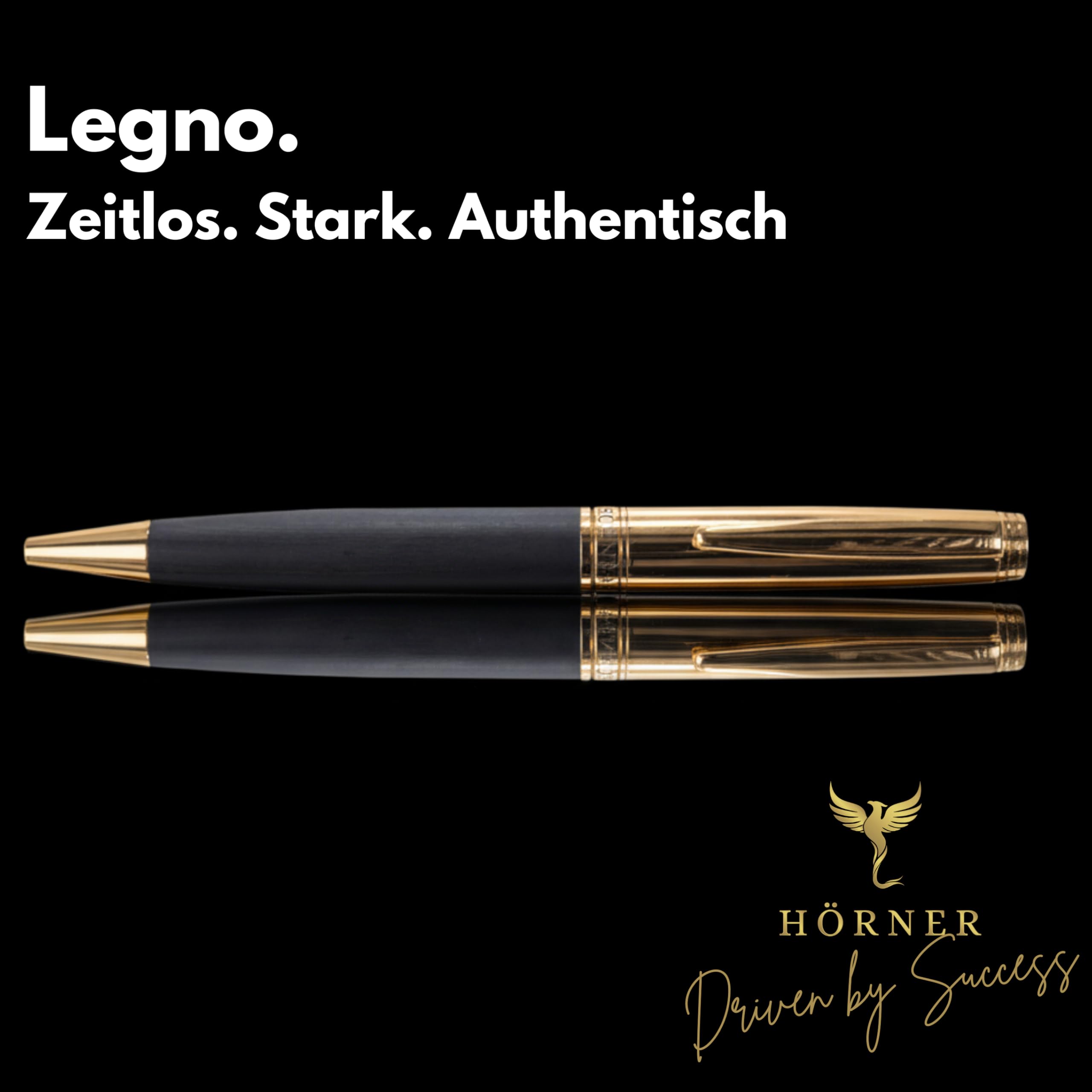 Hörner Legno Kugelschreiber mit Gravur I Ebenholz-Gold I Premium Design I Edle Geschenk-Box I Schreibfarbe Blau I Strichstärke M 1 mm I Drehkugelschreiber I Hochwertiger Holzkugelschreiber