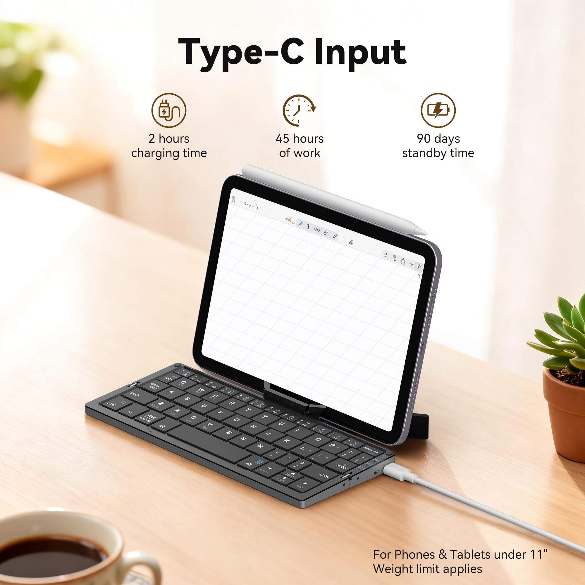 Tastiera Bluetooth Pieghevole QWERTY Silenziosa con Supporto Magnetico, Mini Tastiera Wireless Ricaricabile in Alluminio per iPad, Tablet, Smartphone, Laptop（Nero）