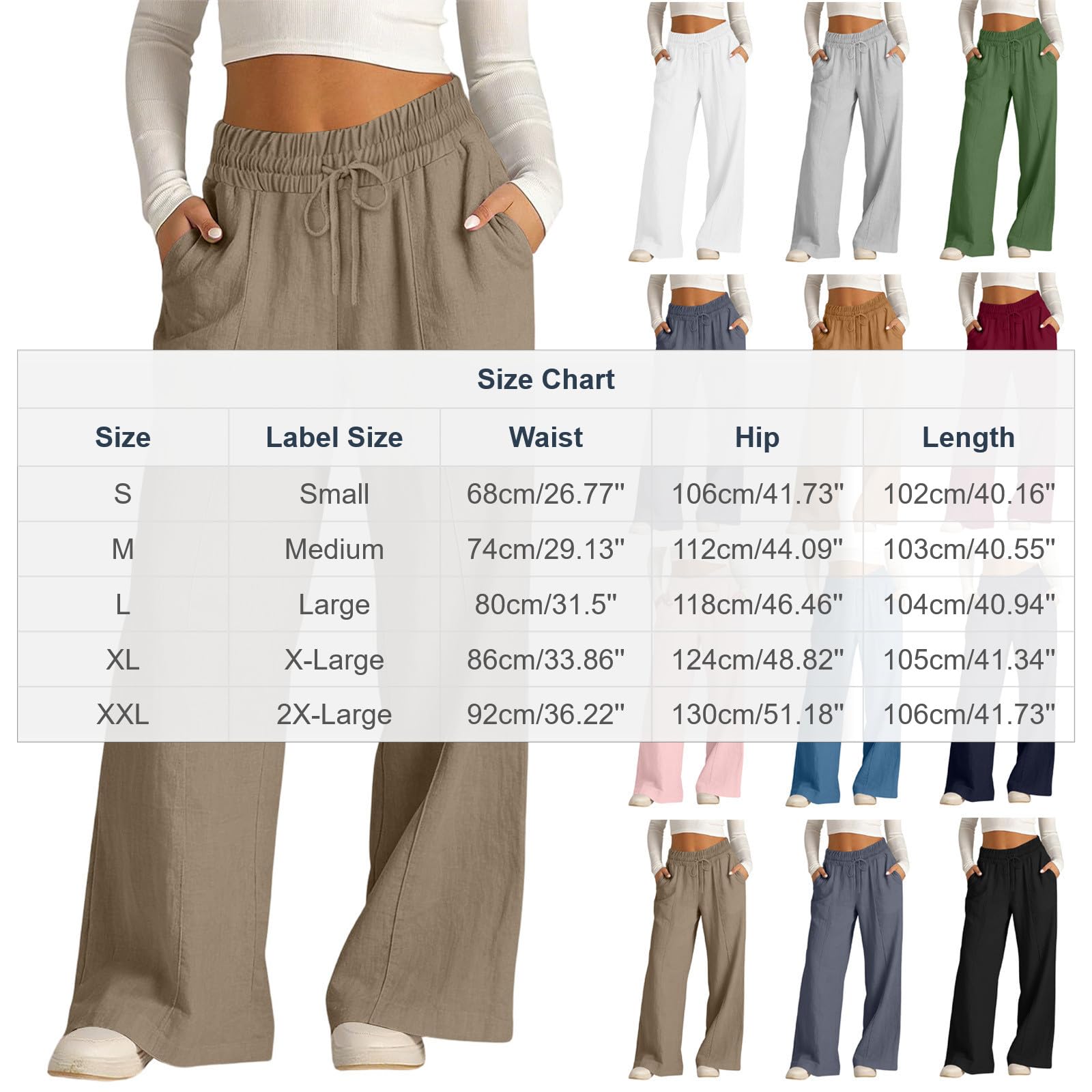 Women's Cotton Linen Pants Summer Straight Wide Leg Trousers Drawstring Elastic Waist Loose Beach Vacation Outfits - 5