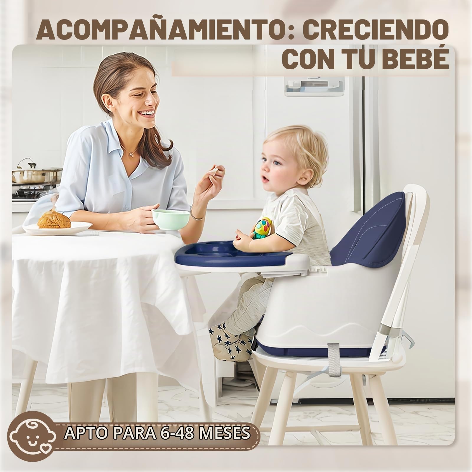 Trona plegable 4en1, Reclinable y regulable en altura, con bandeja extraíble y ruedas, Trona ajustable con cinturón de 5 puntos, Azul
