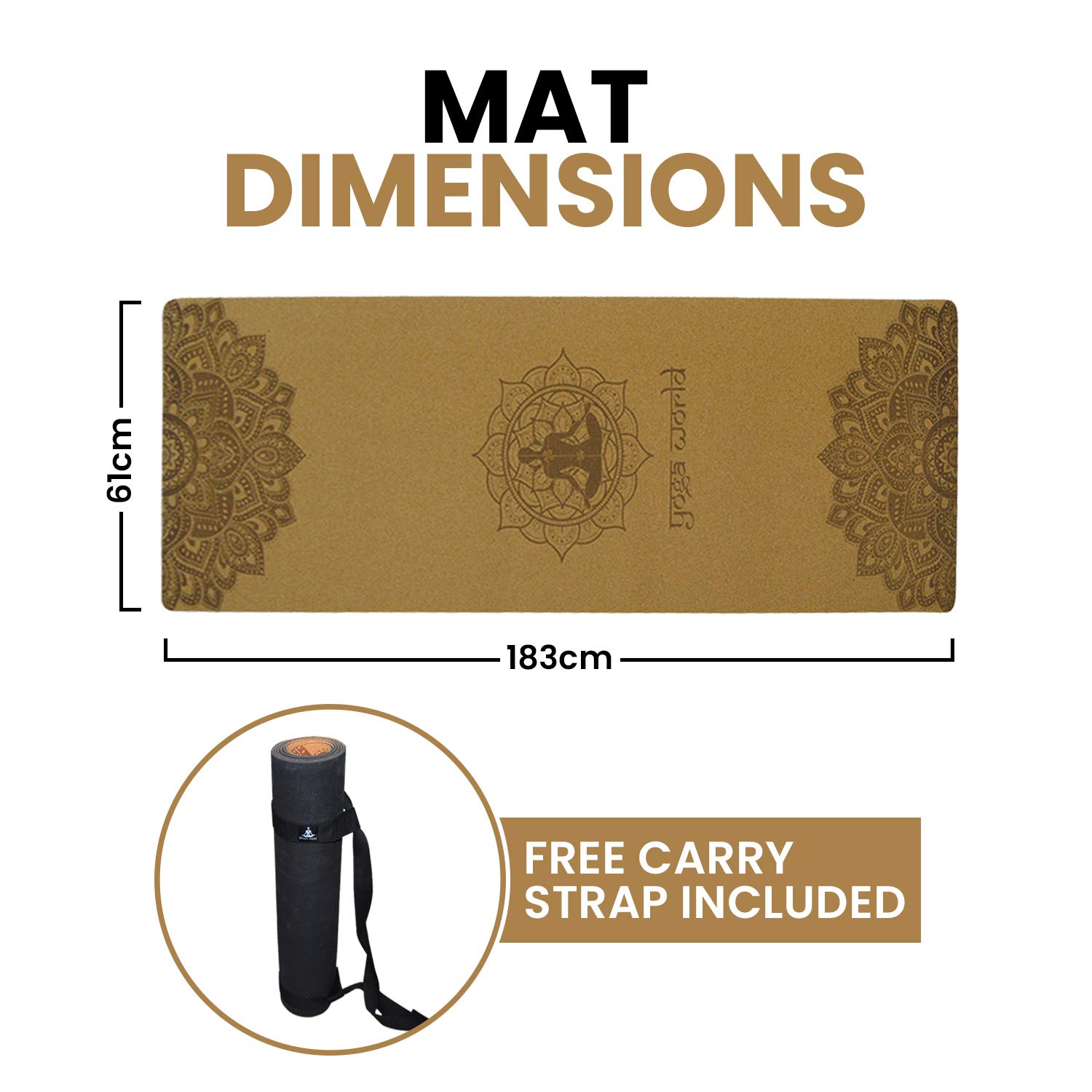 Yoga World Cork Mandala Yoga Mat - Non-Slip Surface & Anti-Skid TPE Underside - Strong Grip on Wet & Dry Surfaces - Soft Floor Cushion for Exercises - 183 x 61 x 0.4cm (Black)