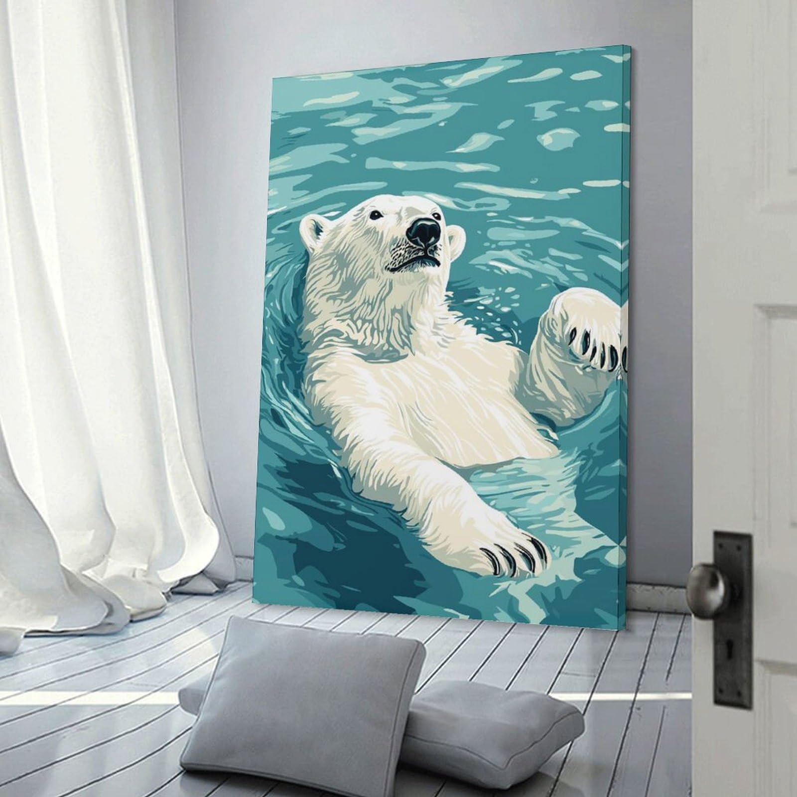 Junmoney Frame-Style-12 Home Decor Wall Art Polar Bear Swimming In Blue Water, 16X24inch(40X60cm), For Flats, Guest Rooms Or Compact Rooms, Wall Decor With Flexible Room Appeal