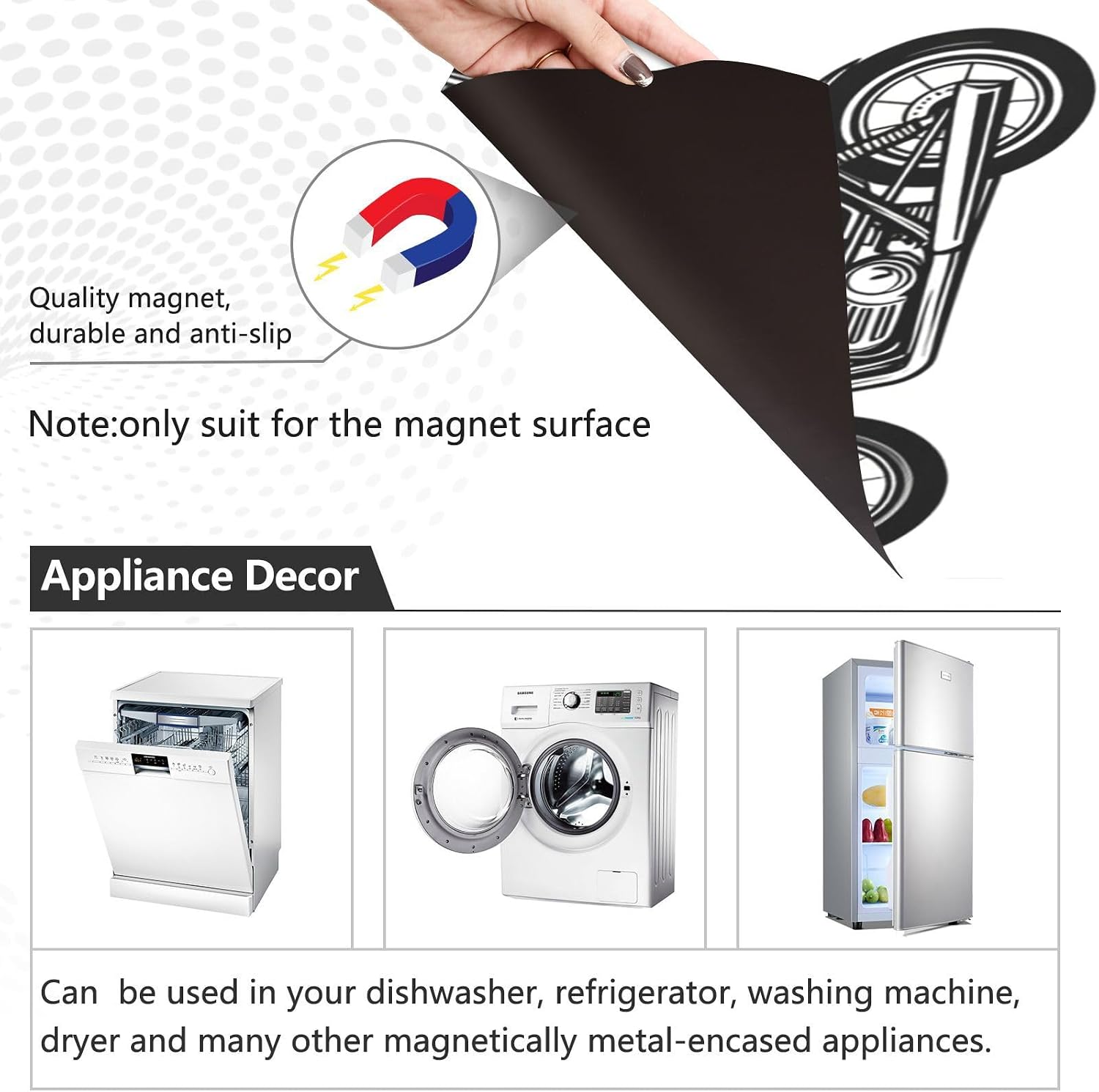 QUGRL Motorcycle Black White Pattern Dishwasher Magnet Cover Front Door Decorative Refrigerator Covers Magnetic Sheet Sticker Wash Machine Fridge Panel Decal for Kitchen Appliance 23x26 in