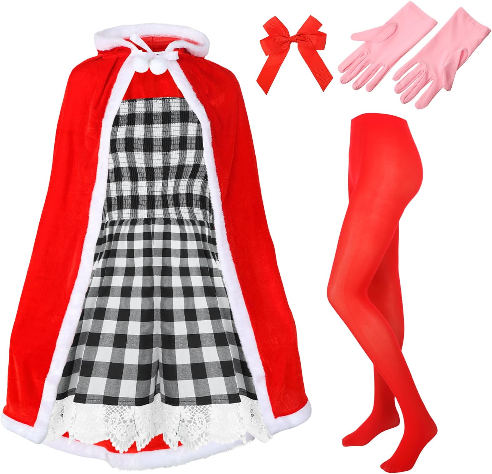 XuhalSet of 5 Pcs Christmas Costume for Women Christmas Gingham Dresses Velvet Hooded Cape Tights Gloves Bow for Girl
