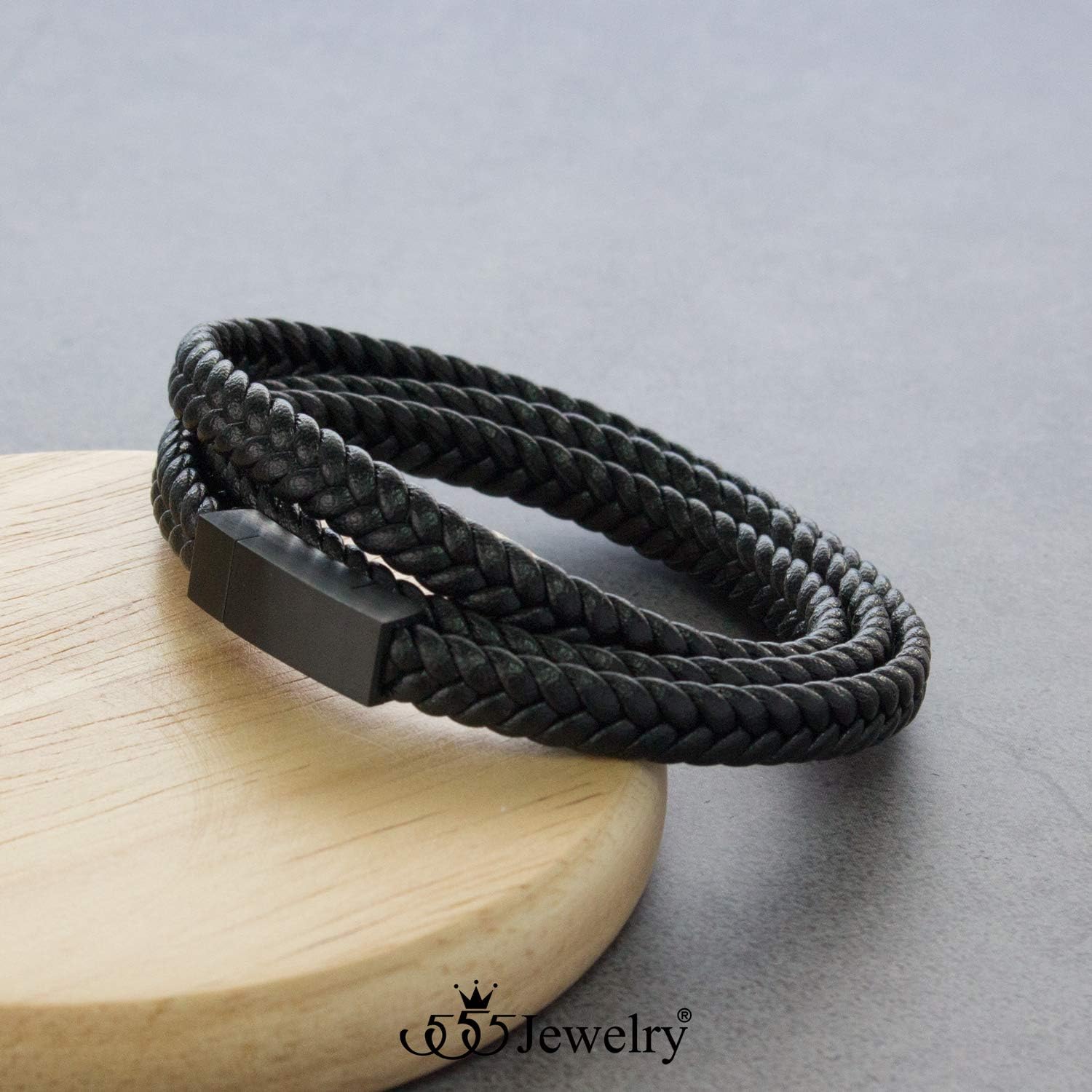 555Jewelry Stainless Steel Braided Double Wrap Leather Twist Rope Chain Cord Adjustable Magnetic Clasp Simple Men Women Unisex Fashion Jewelry Accessory Bangle Bracelet, Black & Black 8 Inch - Image 5