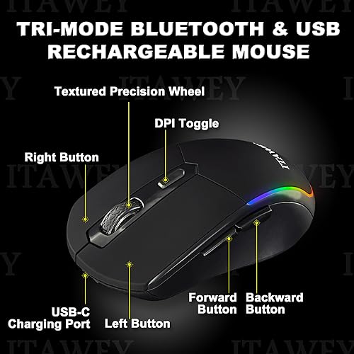 Miniatura 2 de Ratón inalámbrico con tira LED multicolor, tres modos (2 x Bluetooth 5.2 y 1 x receptor USB 2.4G), 6 botones, recargable, clics silenciosos, alta