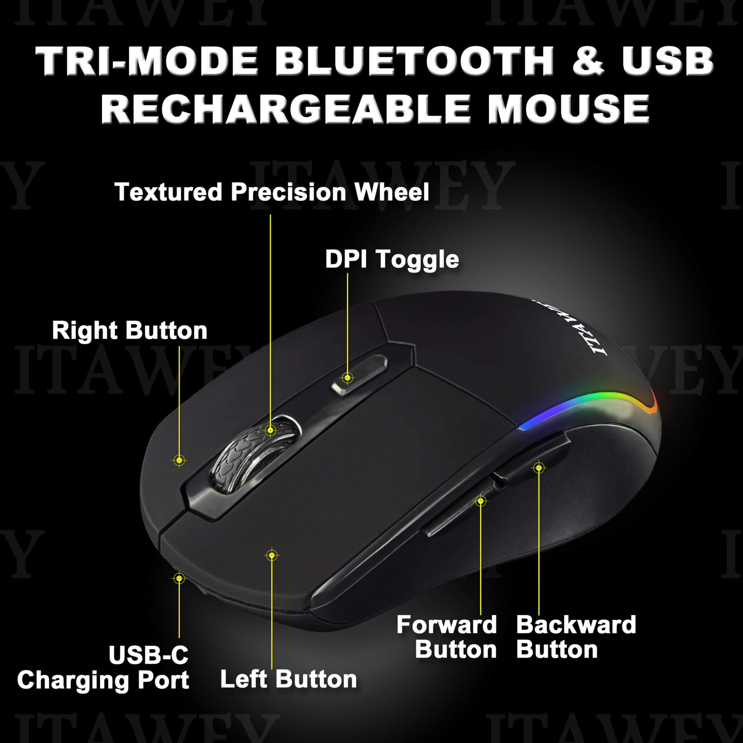 Mouse senza fili con LED a colori, Bluetooth 5.2 Dual Mode e ricevitore USB 2.4G, 6 pulsanti, ricaricabile, silenzioso, alta precisione con 3200 DPI, PC, laptop, tablet, nuovo modello